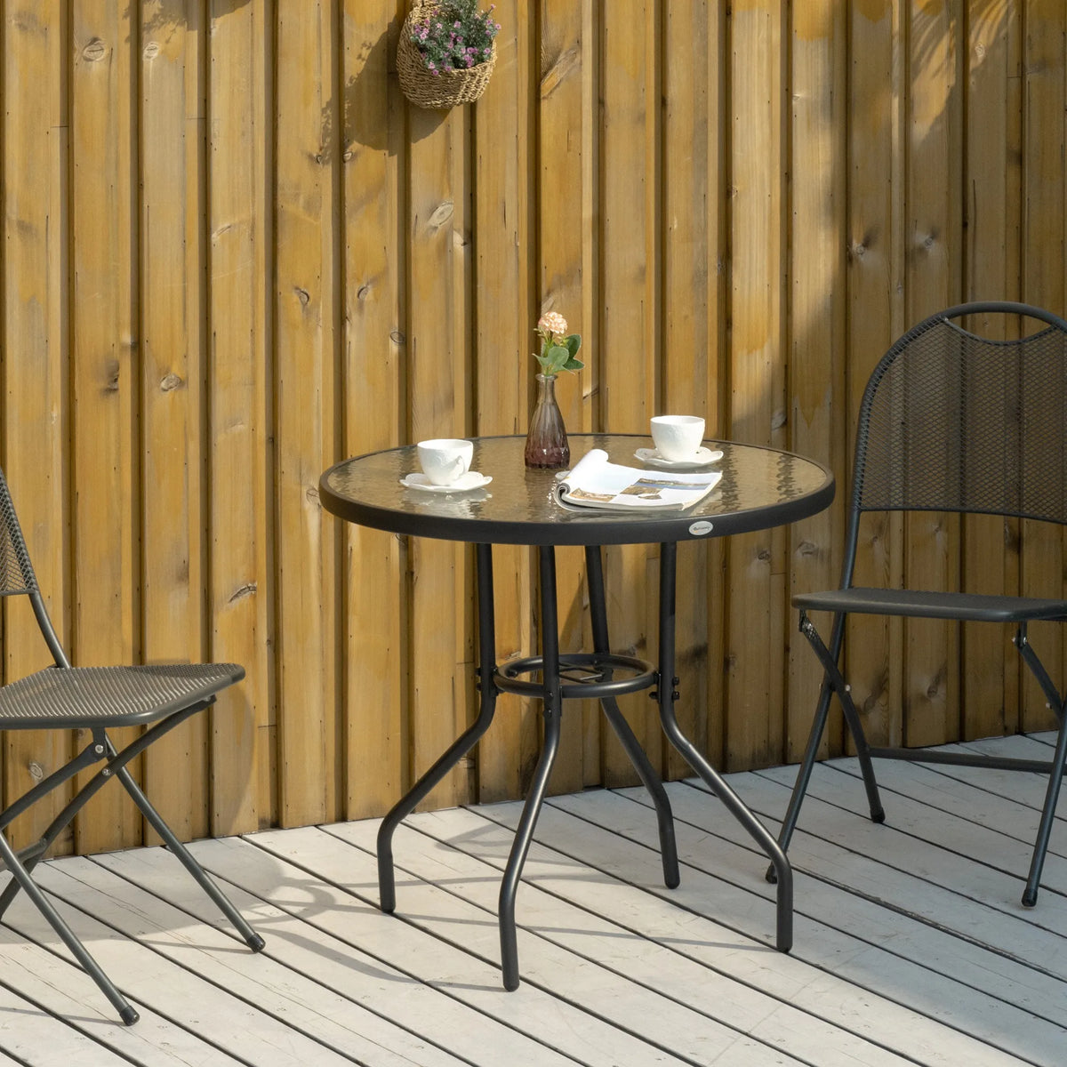 Outdoor Round Dining Table, Tempered Glass Top with Parasol Hole, 80cm
