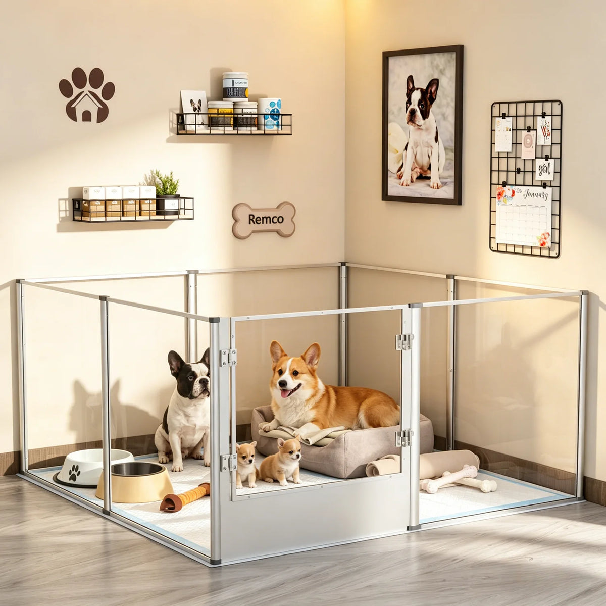 BINGOPAW 8 Panel Acrylic Dog Playpen Fence 120x120x61cm Whelping Pen Cage with Waterproof Pad