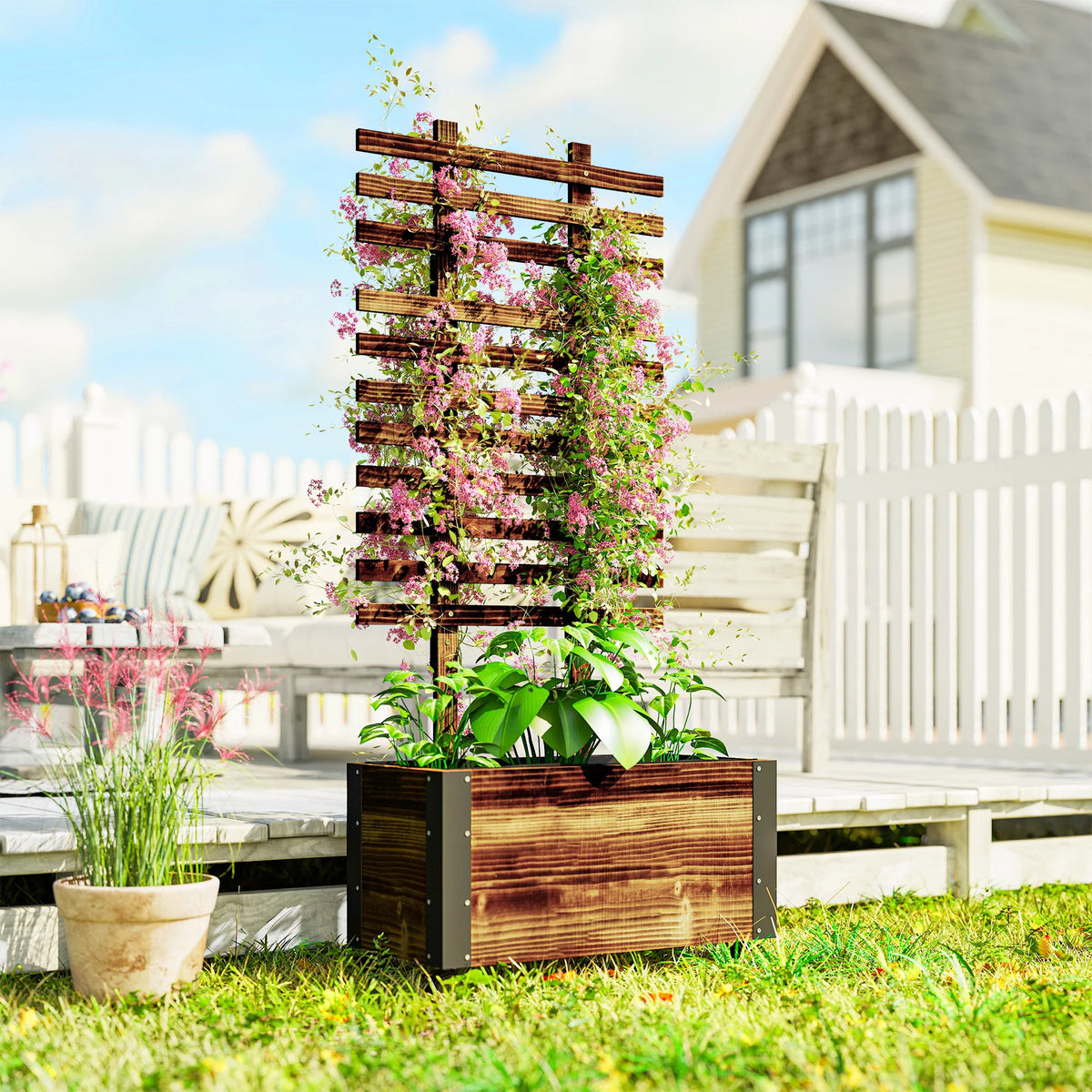 Raised Garden Bed with Ladder Trellis Carbonised Wood Metal Corners 4 Wheels 2 Braked Liner and Drainage