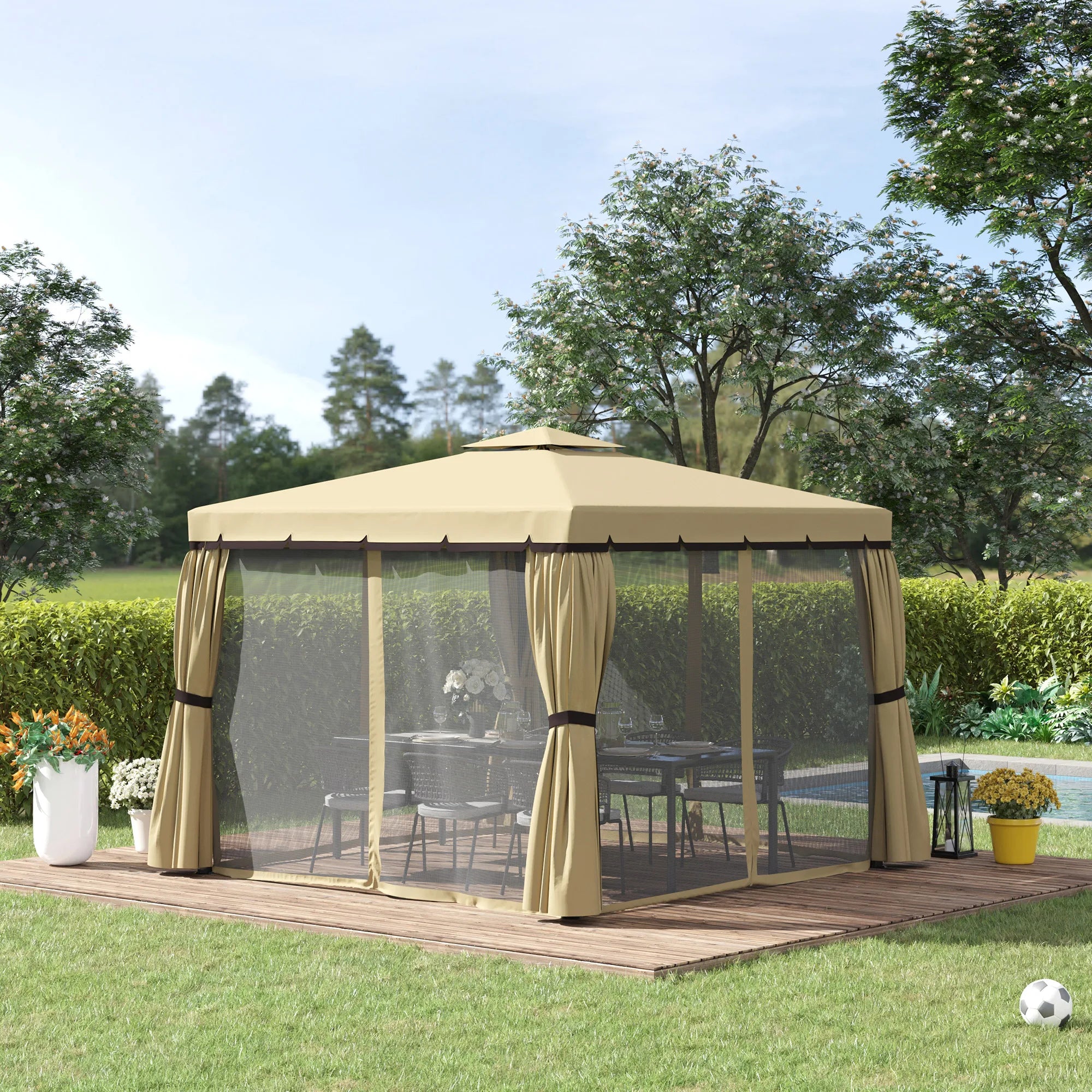 3 x 3m Garden Gazebo with 2-Tier Water-Repellent Roof, Mosquito Netting, Curtains and Aluminium Frame