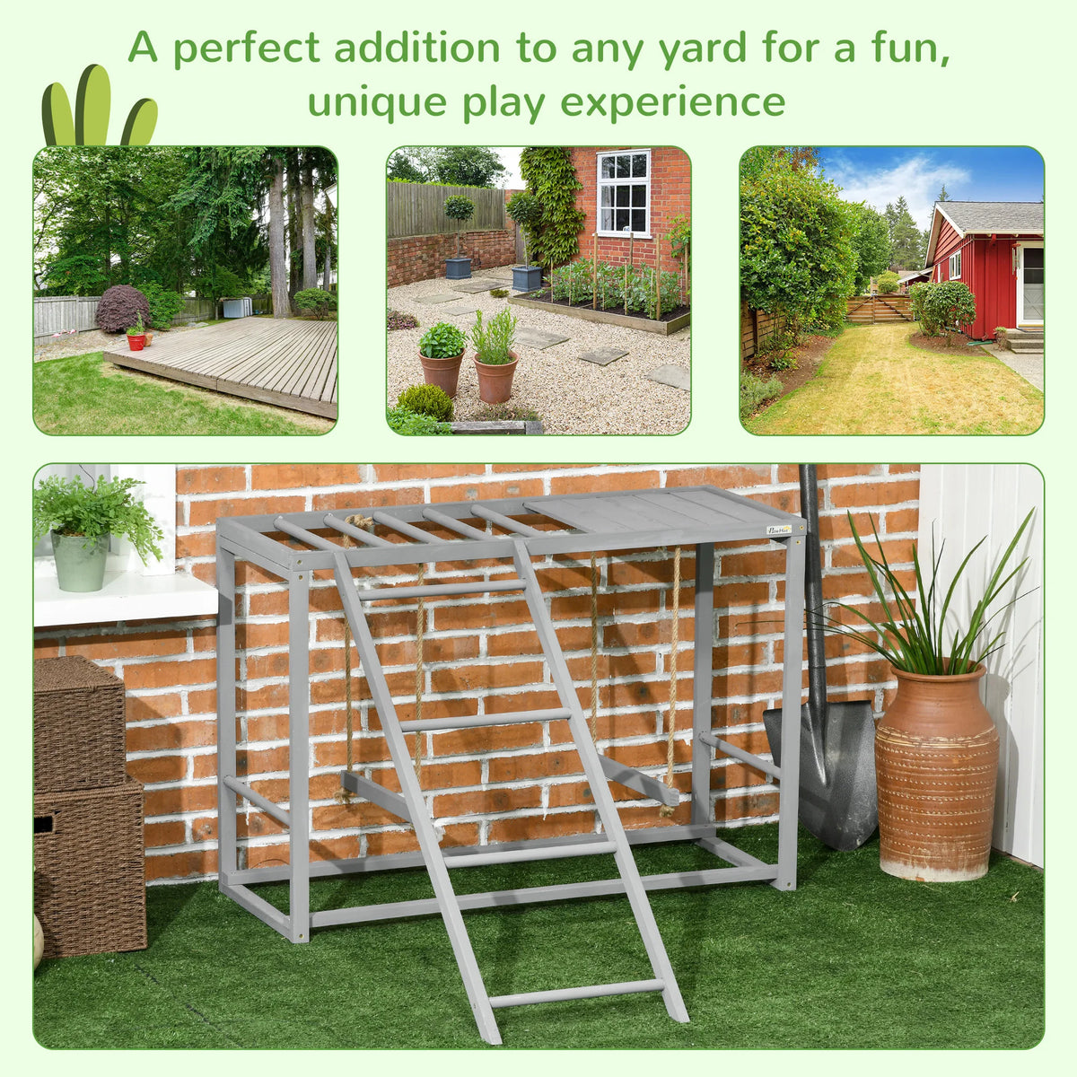 Chicken Activity Play Frame with 2 Swings Ladder and Perches Fir Wood Anti Tip for 3-4 Chickens Grey