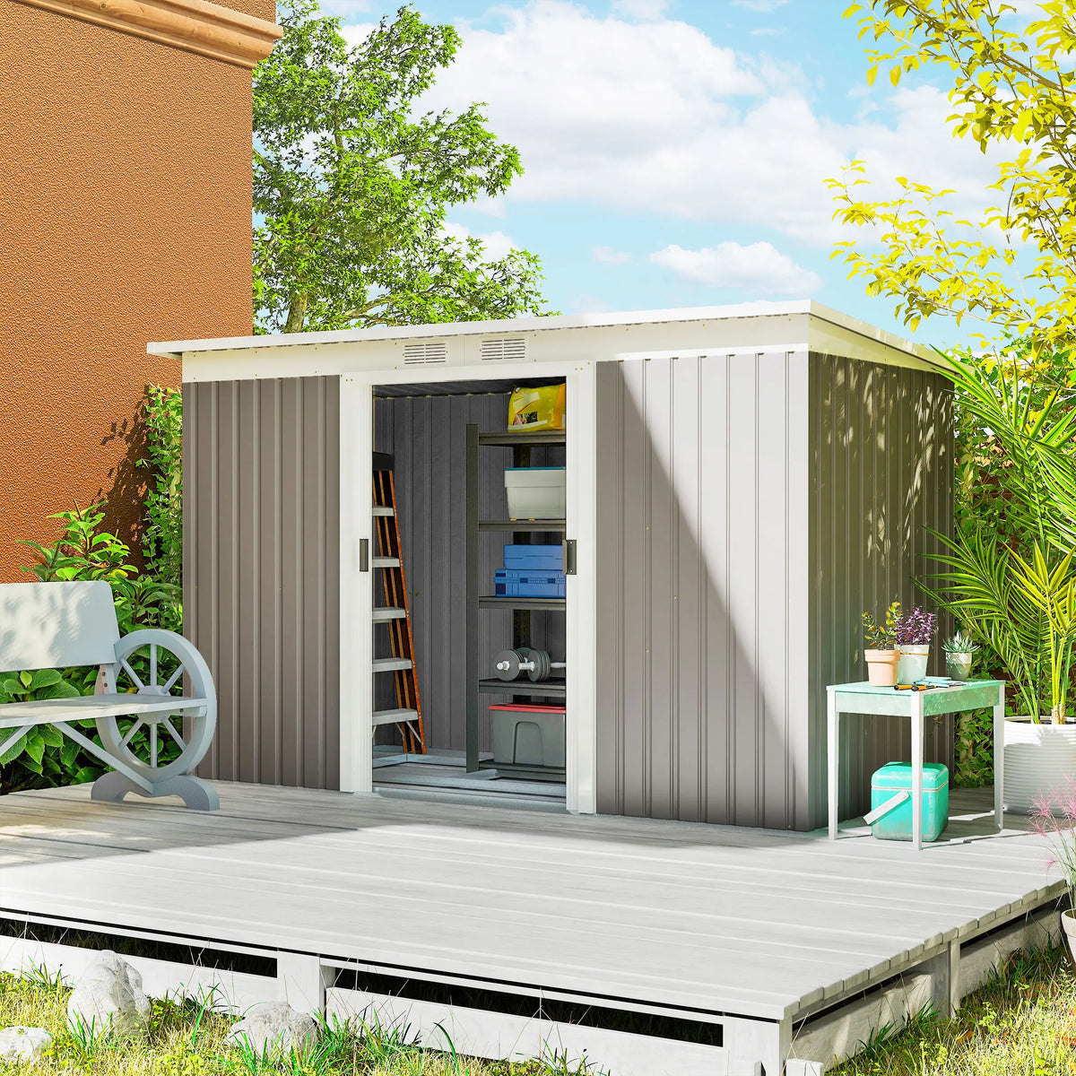 9 x 4ft Metal Garden Shed with Lockable Sliding Doors and Foundation Kit, Light Grey
