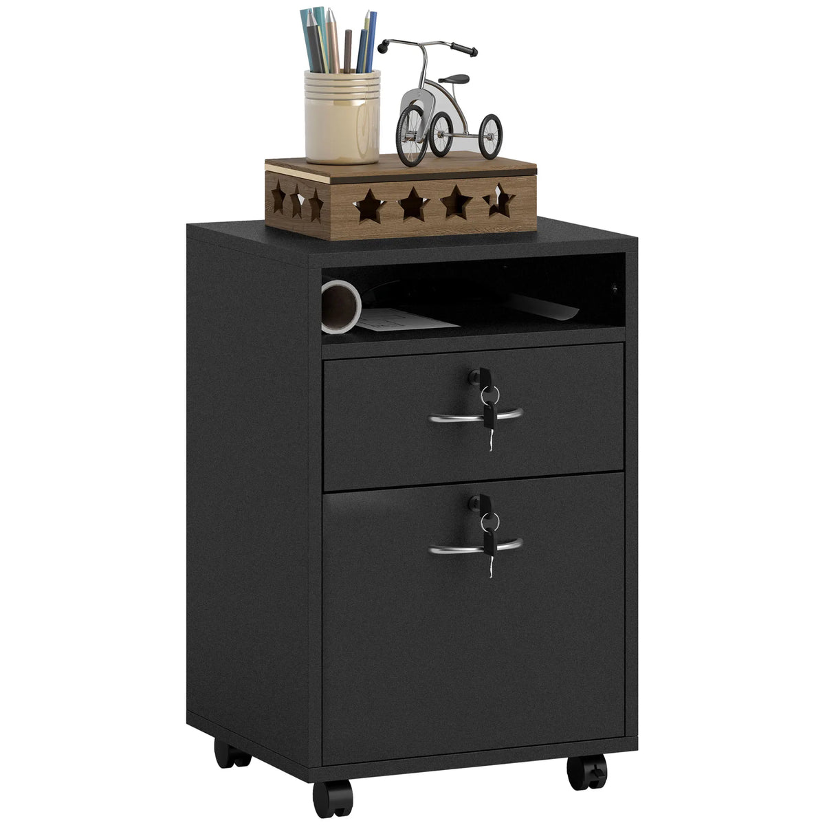 Filing Cabinet 60cm with Bottom Cupboard Top Drawer Open Shelf and Rolling Casters Printer Stand Black