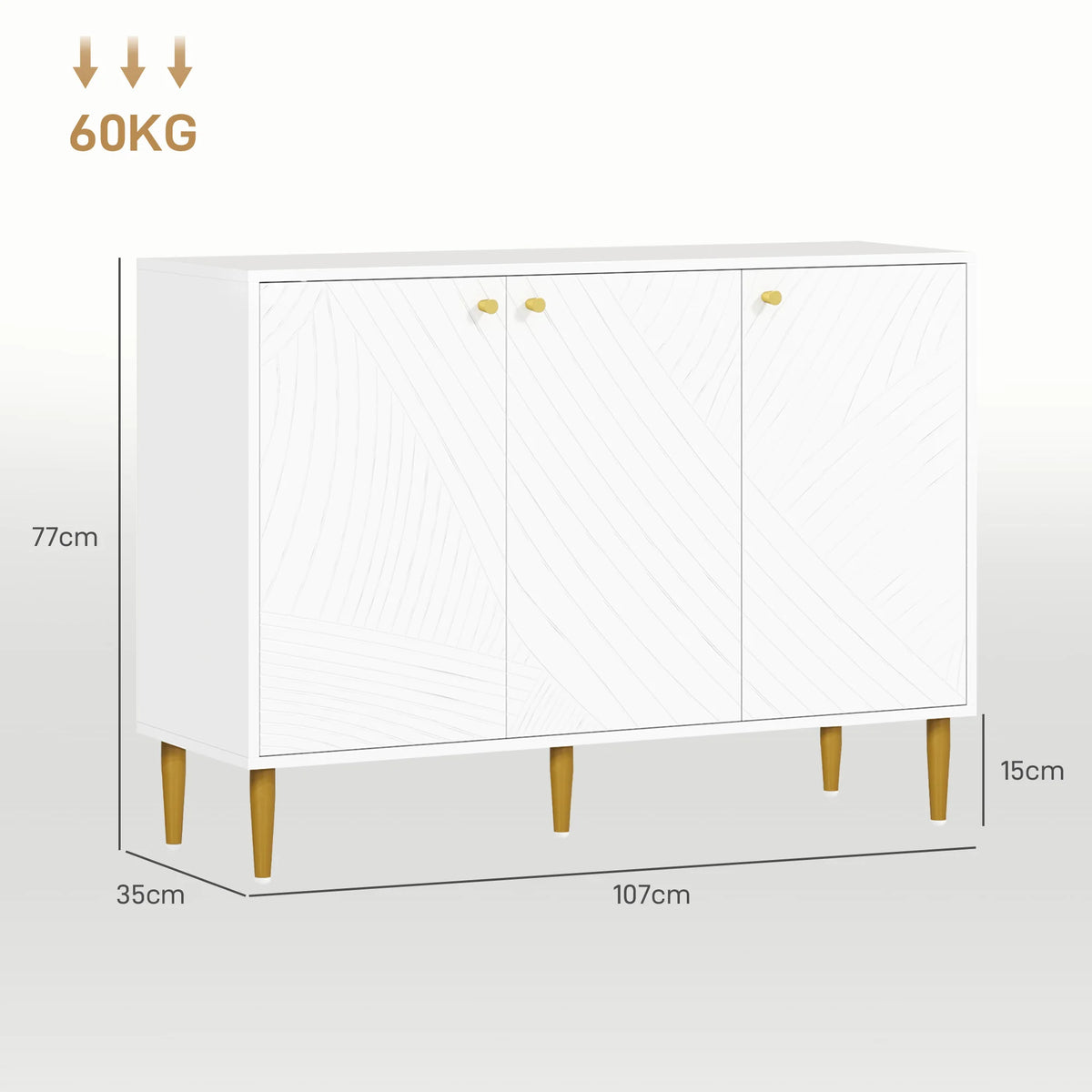 Sideboard Cabinet with 3 Carved Line Doors 2 Cupboards 3 Level Adjustable Shelves 5 Legs Melamine White