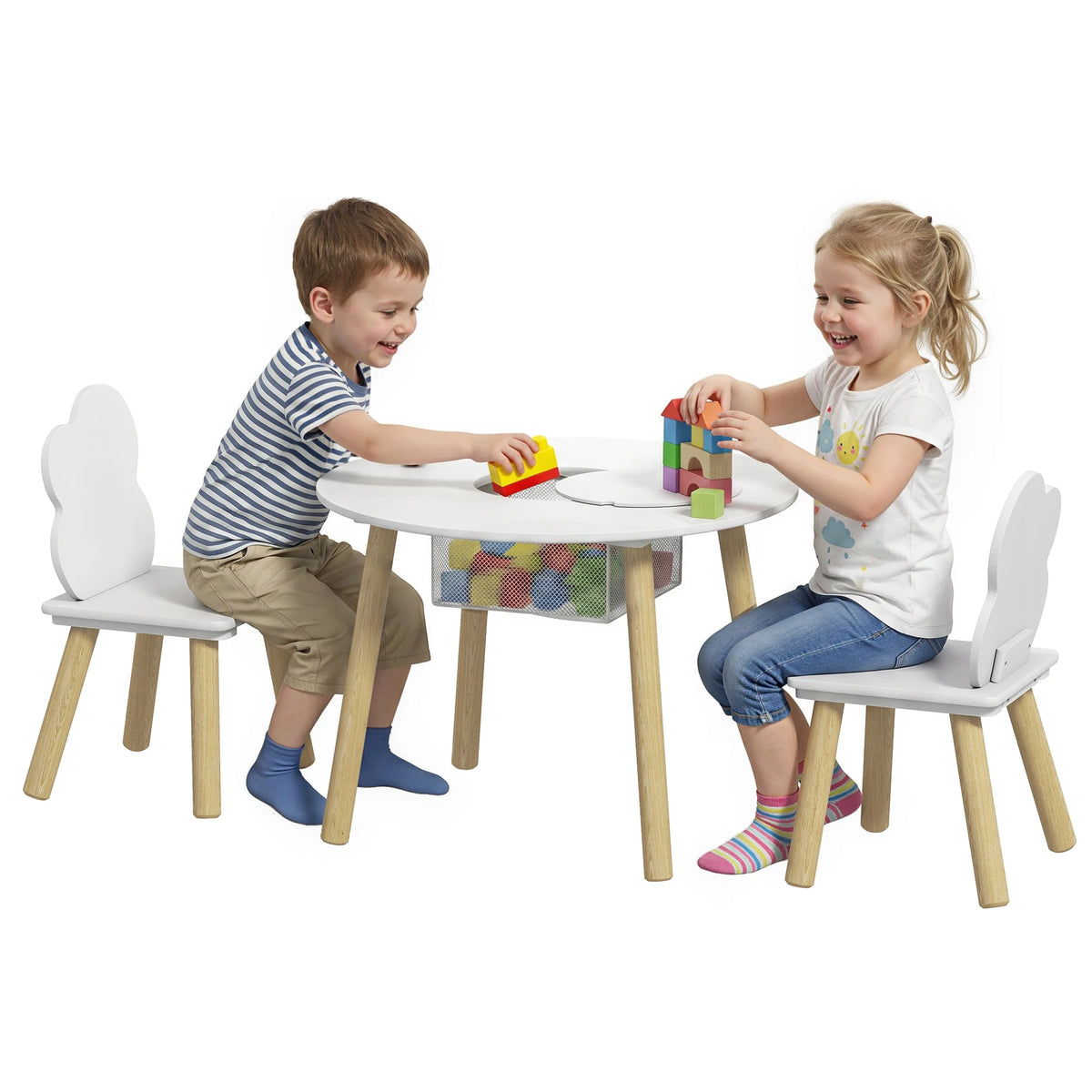 Kids Table and 2 Chairs Set with Storage Mesh Bag, Cloud Design, White