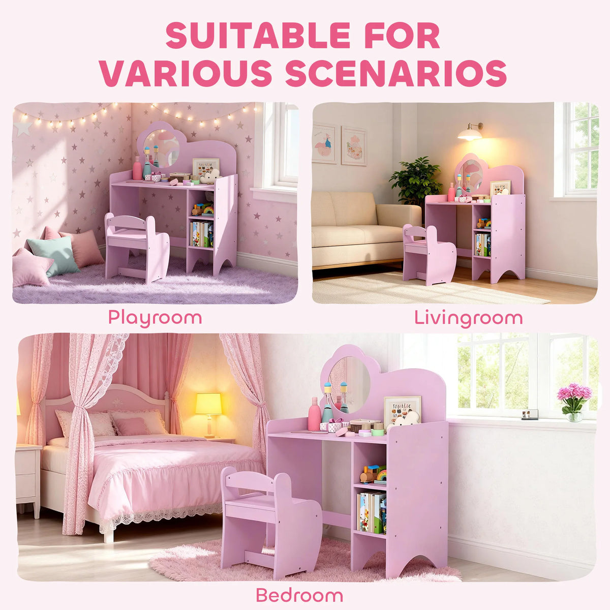 Kids Dressing Table and Chair Set with Mirror and Storage Compartments