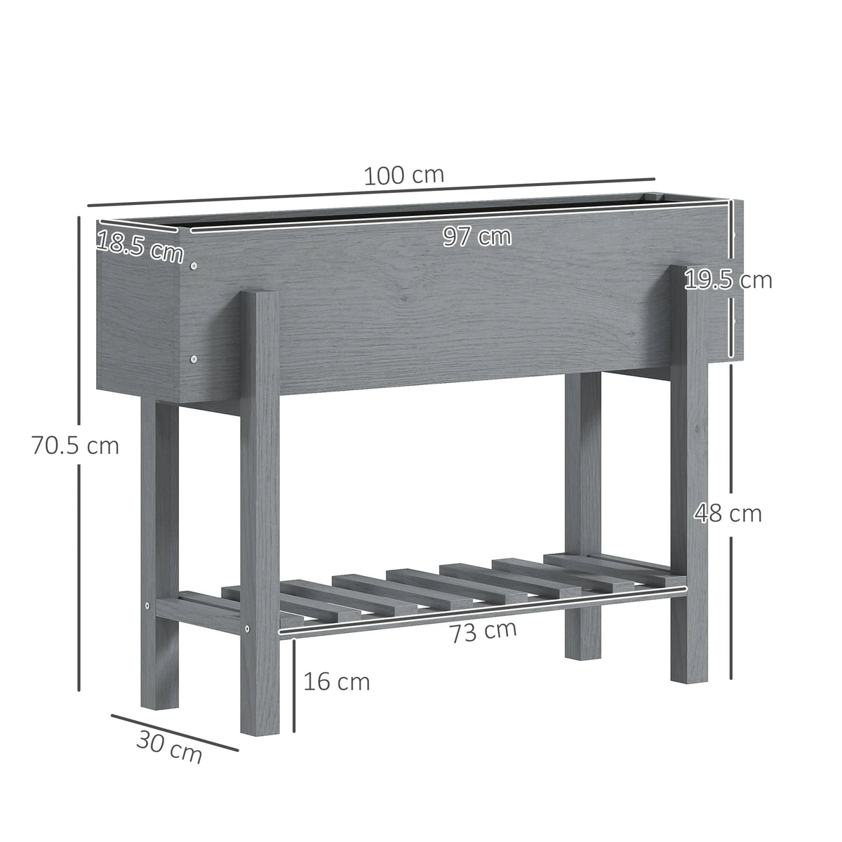 Wooden Raised Garden Bed with Bed Liner, Storage Shelf, Gray