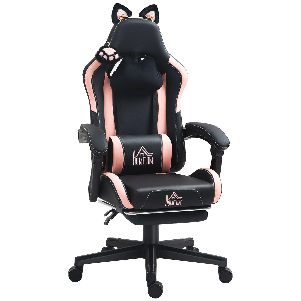 Cat Ear Gaming Chair with Footrest, Reclining Faux Leather Desk Chair, Black and Pink