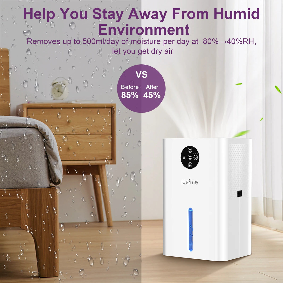 500ml per Day Mini Dehumidifier with Touch Display, 1.8L Tank