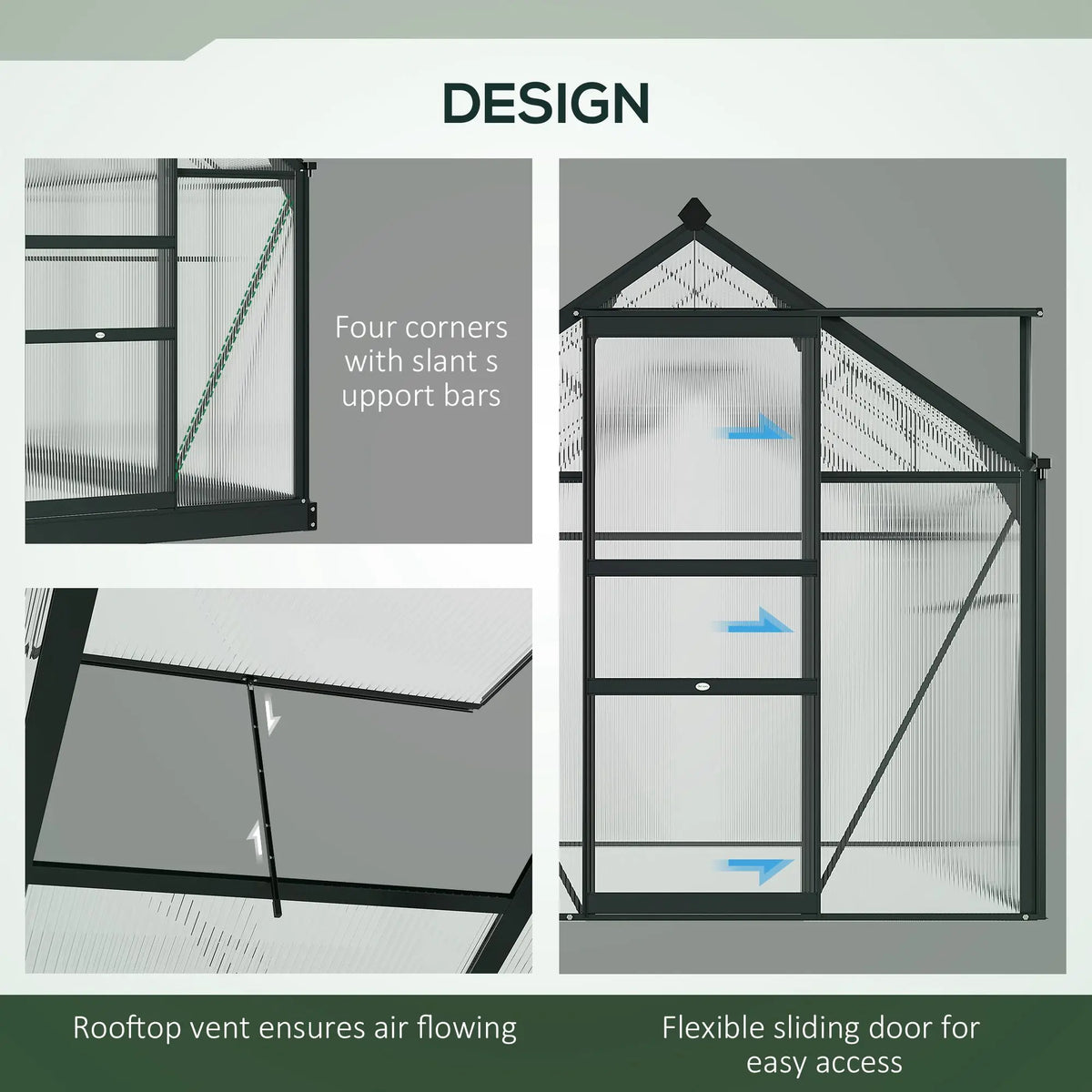 6 x 6ft Polycarbonate Greenhouse, Large Walk-In Green House with Slide Door and Window, Grey