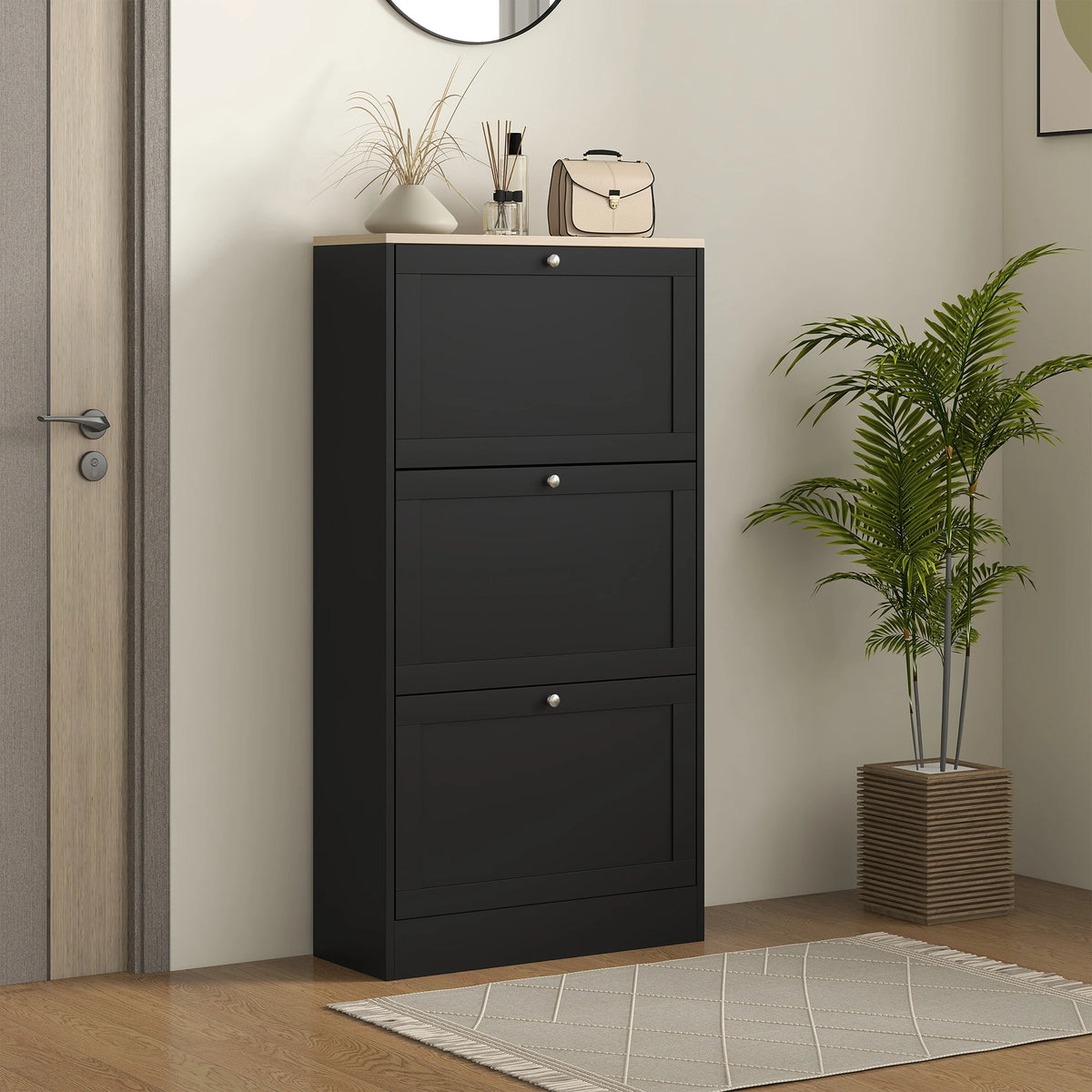 Narrow Shoe Cabinet with 3 Flip Drawers, Holds 18 Pairs, 60 x 23.5 x 115 cm, Black
