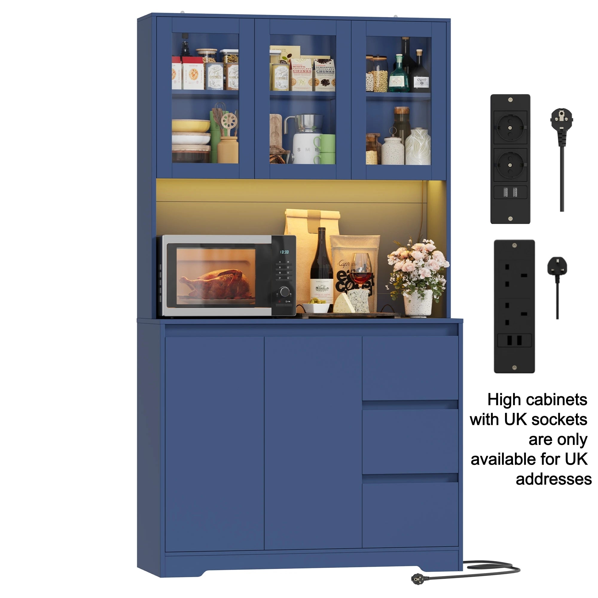 Modern Kitchen Buffet Cabinet with LED Lights & Drawers – Tall Storage Unit