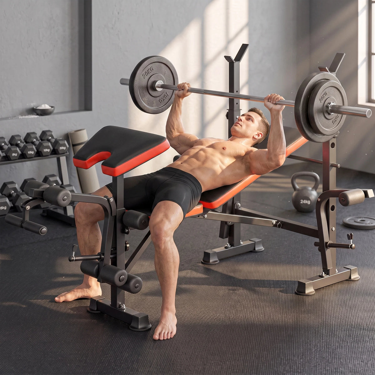 Adjustable Weight Bench with Squat Rack, Leg Extension and Butterfly Arms, Red