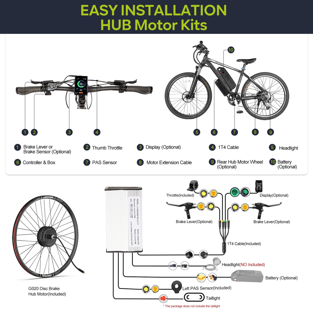 G020 48V 500W Rear Hub Motor E-Bike Conversion Kit for 26", 27.5" and 700C Cassette Disc Brake Wheels