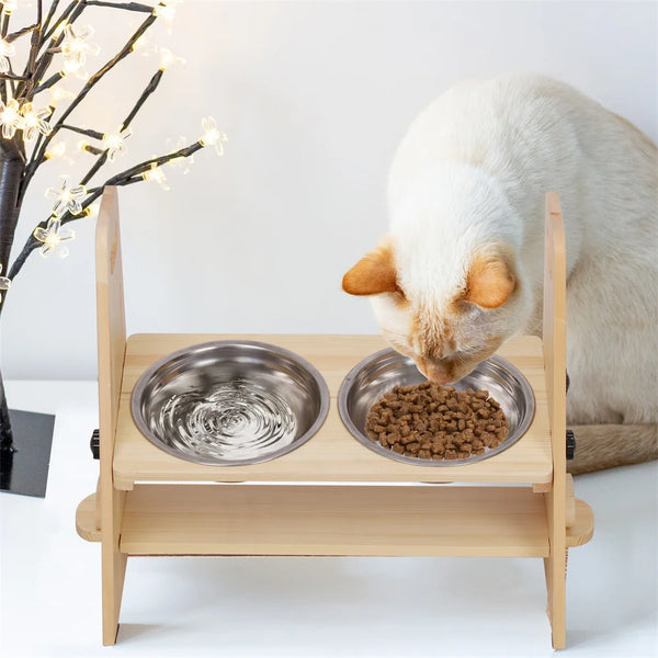 Height Adjustable Elevated Dog Bowl Stand Pine Wood 2 Stainless Steel Bowls 43x24.5x40.5cm
