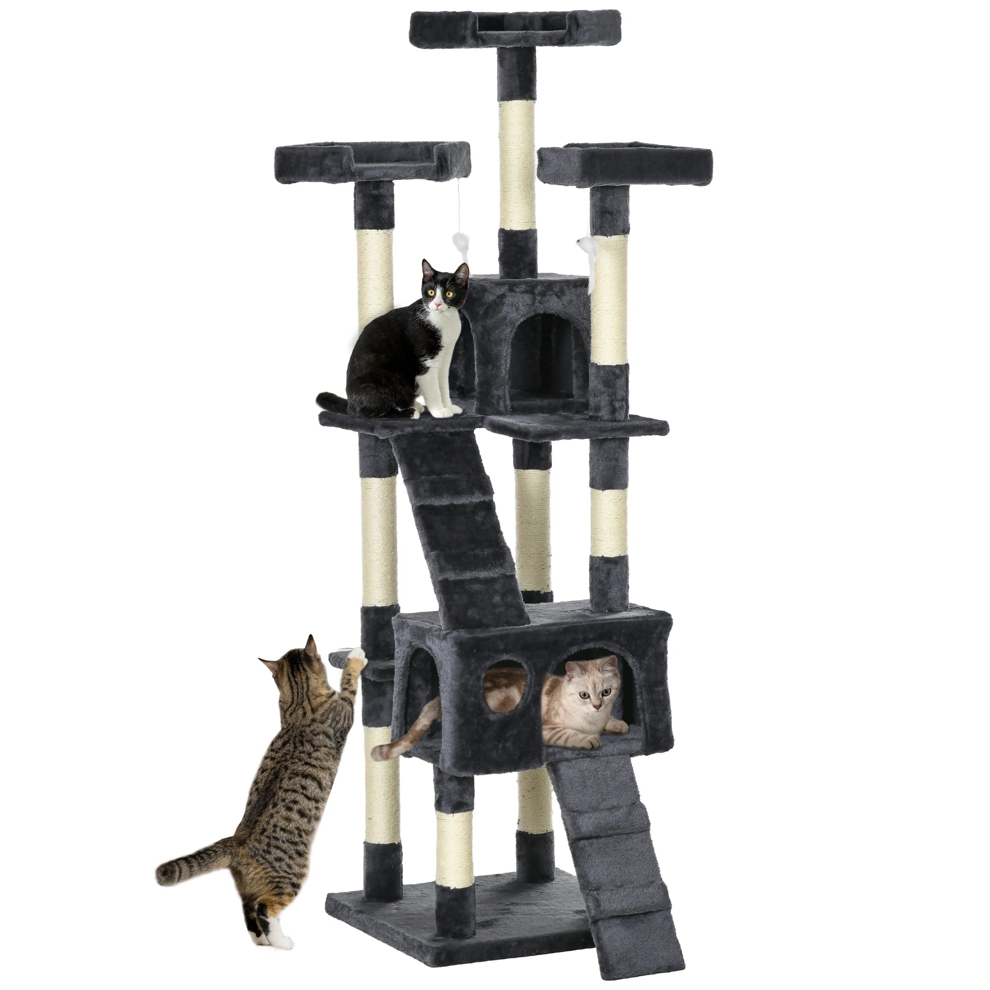 Large Cat Tree 173cm Scratcher Activity Centre with 2 Cat Houses 3 Perches Sisal Posts Dangling Toys Charcoal Grey