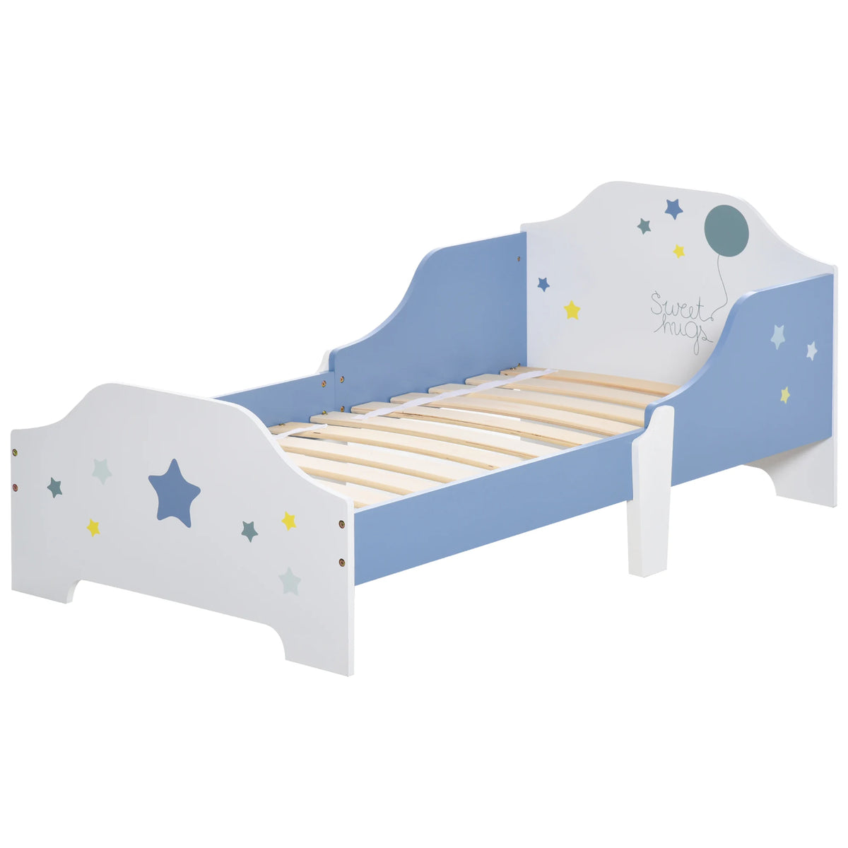 Toddler Bed Frame with Guardrails Low Rise Poplar Wood and MDF with Slats Star Design 50kg Blue and White