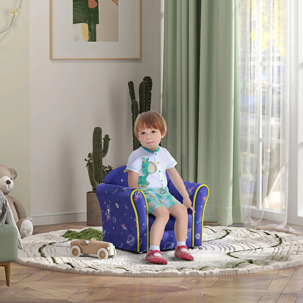 Kids Sofa Chair with Flamingo Design Wooden Frame Upholstered Toddler Armchair for Ages 18-36 Months