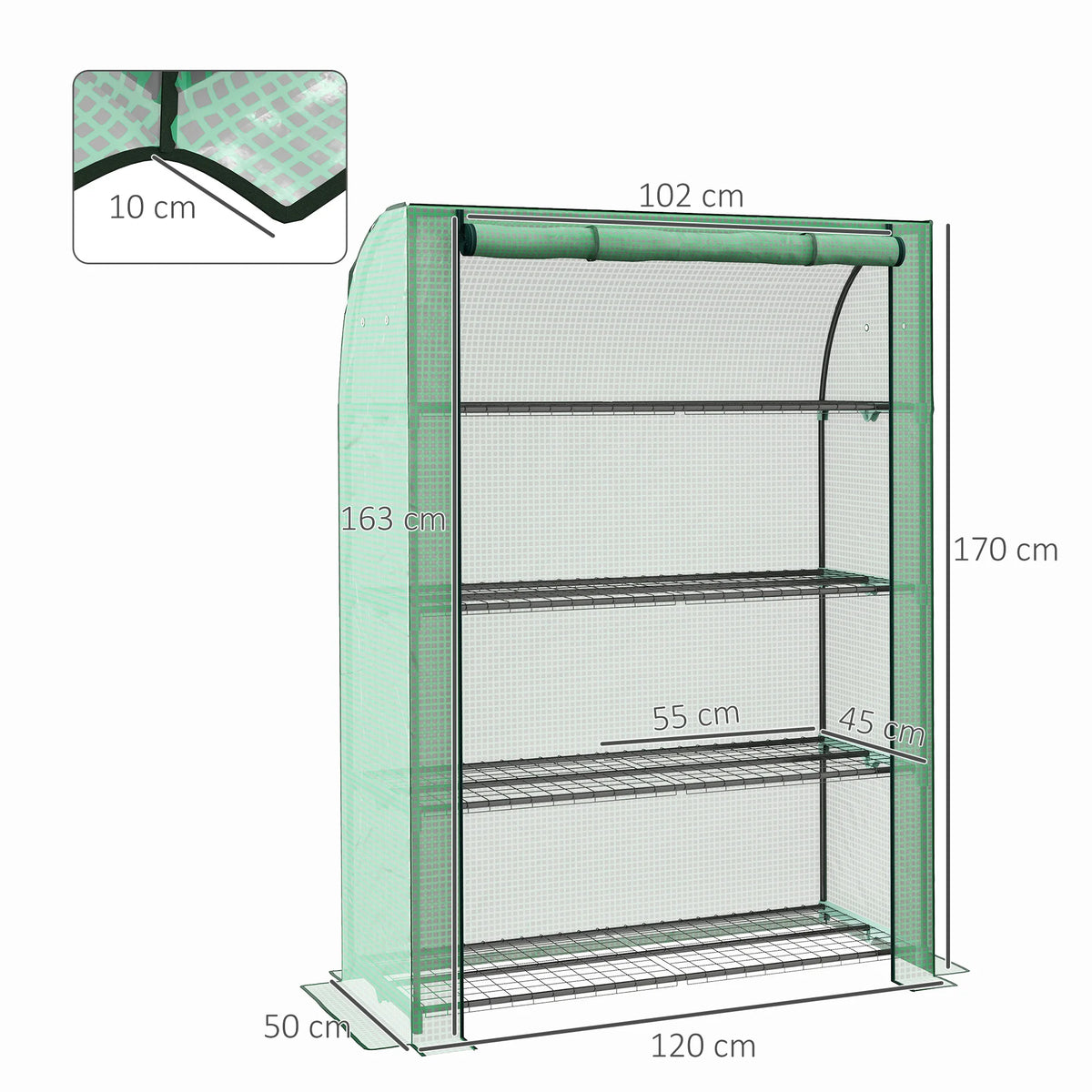 4 Tier Mini Greenhouse with Roll-Up Door, Portable Grow House, 120 x 50 x 170 cm