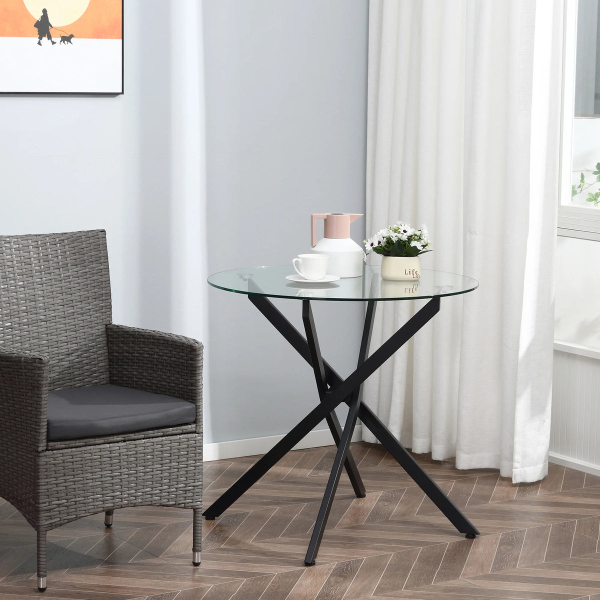 Round Glass Dining Table with Metal Frame, 7mm Tempered Glass Top, 80 x 80 x 75 cm, Black