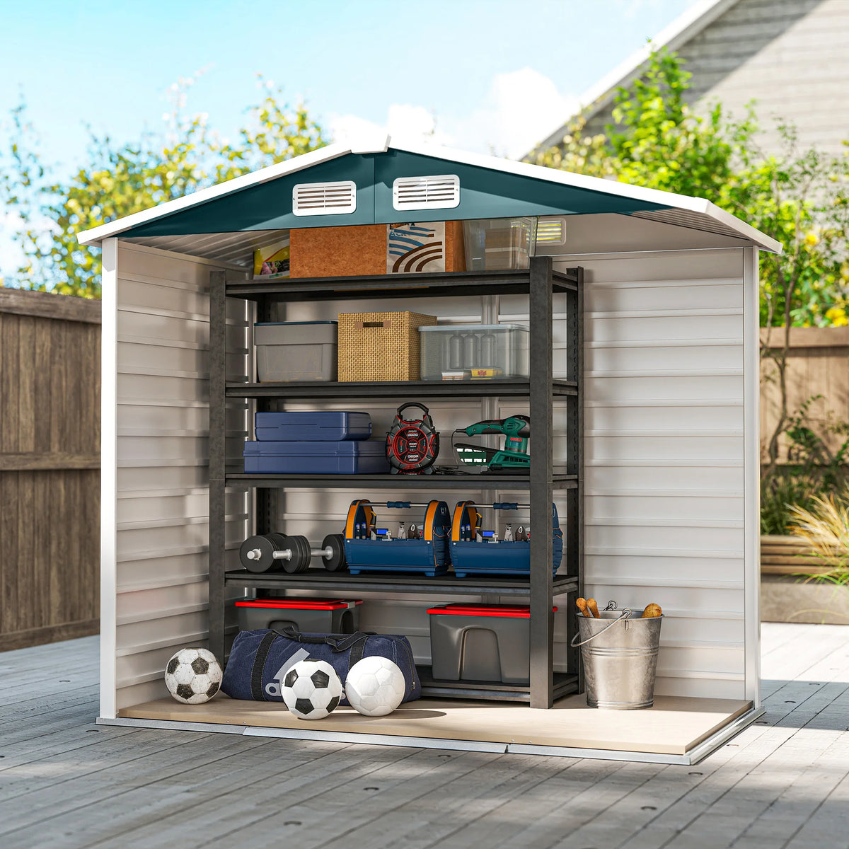 7 x 4ft Metal Garden Shed with Sliding Doors, Apex Roof and Vents, Green