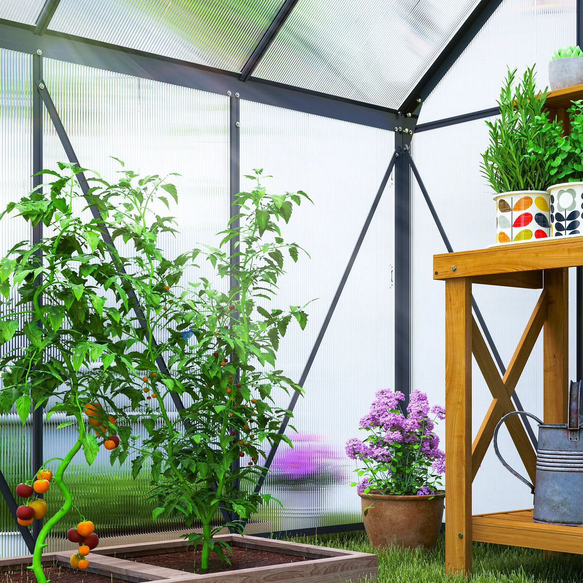 6 x 6ft Walk-In Polycarbonate Greenhouse with Aluminium Frame and Sliding Door, Grey
