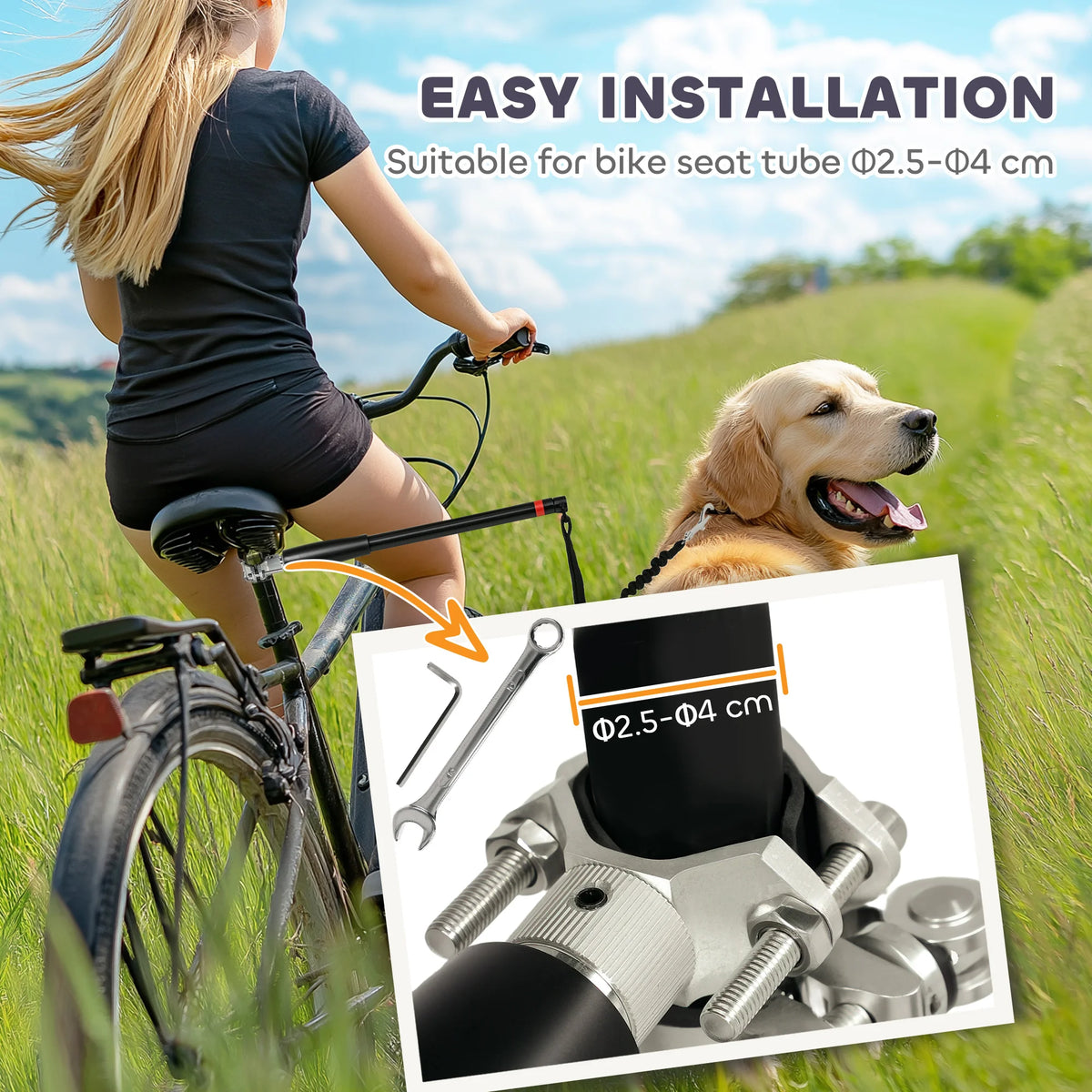 Dog Lead for Bicycle with Elastic Rope Steel Distance Bar 124cm Bike Attachment for Cycling Black