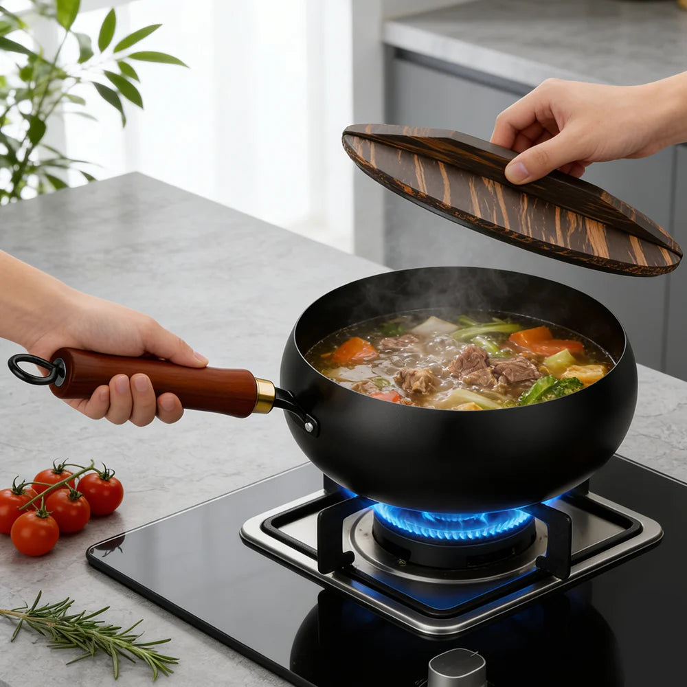 28cm Carbon Steel Wok with Wooden Lid and Beech Handle, Suitable for Induction and Gas
