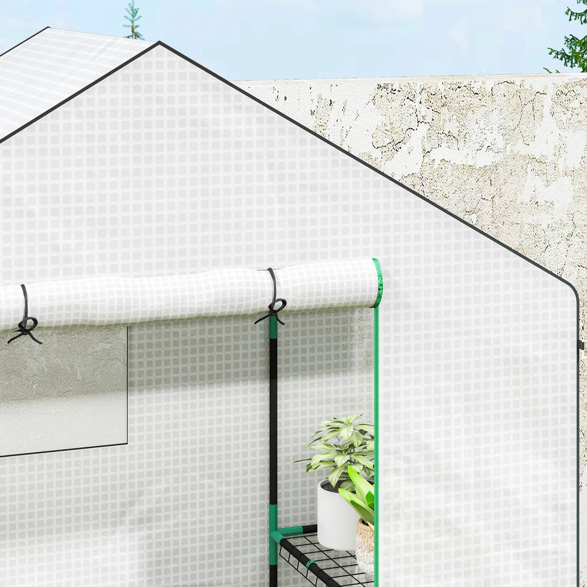 Walk-in Greenhouse with 8 Wire Shelves, Roll-Up Door, 143 x 74 x 190cm, White