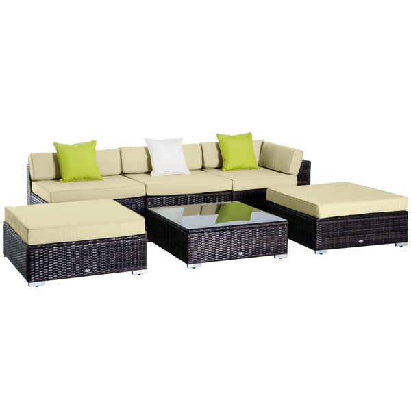 6 PC Rattan Sofa Coffee Table Set, Sectional Wicker Weave Furniture for Garden, Outdoor, Conservatory, Brown