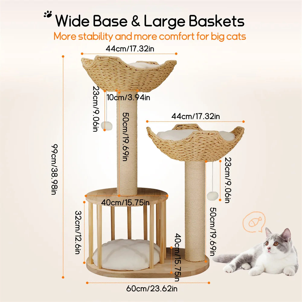 BORWART 3 Tier Cat Tree 99cm Wide Base Large Baskets Padded Perches Sisal Scratching Post Hanging Toy
