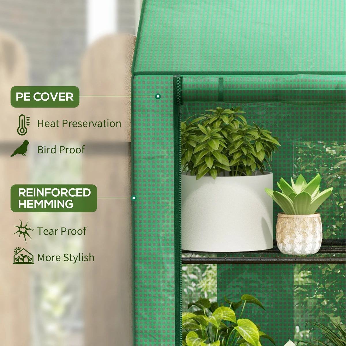 3 Tier Lean-to Mini Greenhouse with Reinforced Plastic Cover, Portable Indoor Outdoor Green House with 2 Roll-up Doors