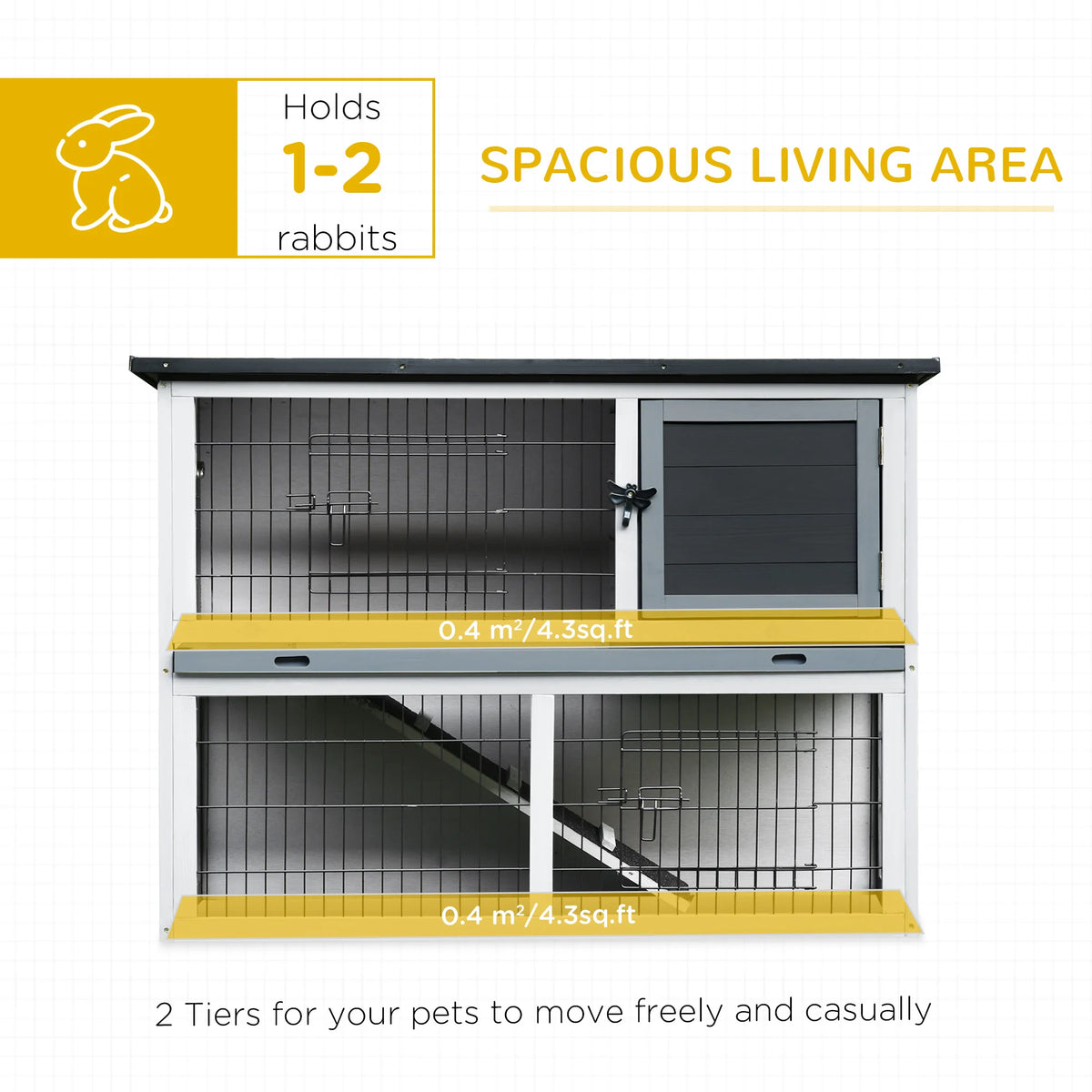 2 Tier Rabbit Hutch 108x45x78cm Fir Wood Guinea Pig Cage with Ramp Removable Tray and Openable Roof Grey