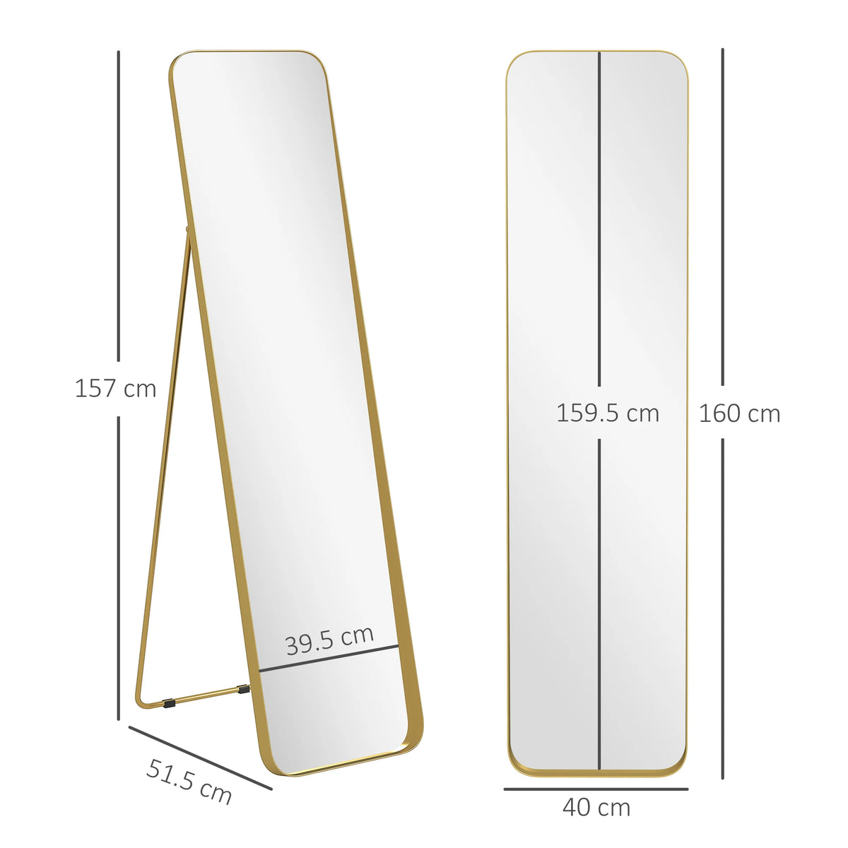Full Length Mirror with Tilting Bracket, Rectangular Floor Mirror, 40 x 160 cm, Gold Tone
