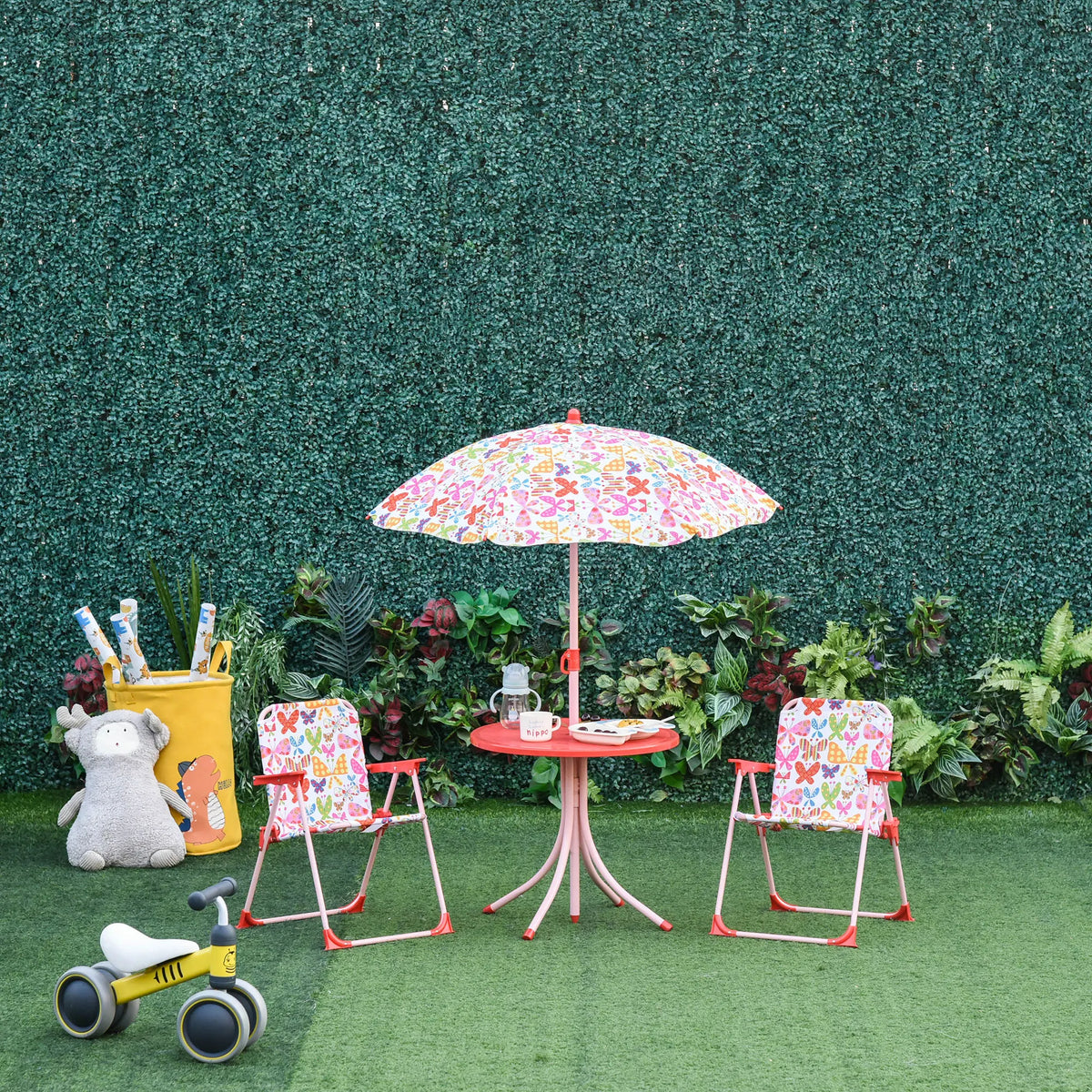 Kids Folding Picnic Table and Chair Set with Parasol Butterfly Pattern 2 Deck Chairs Metal Frame