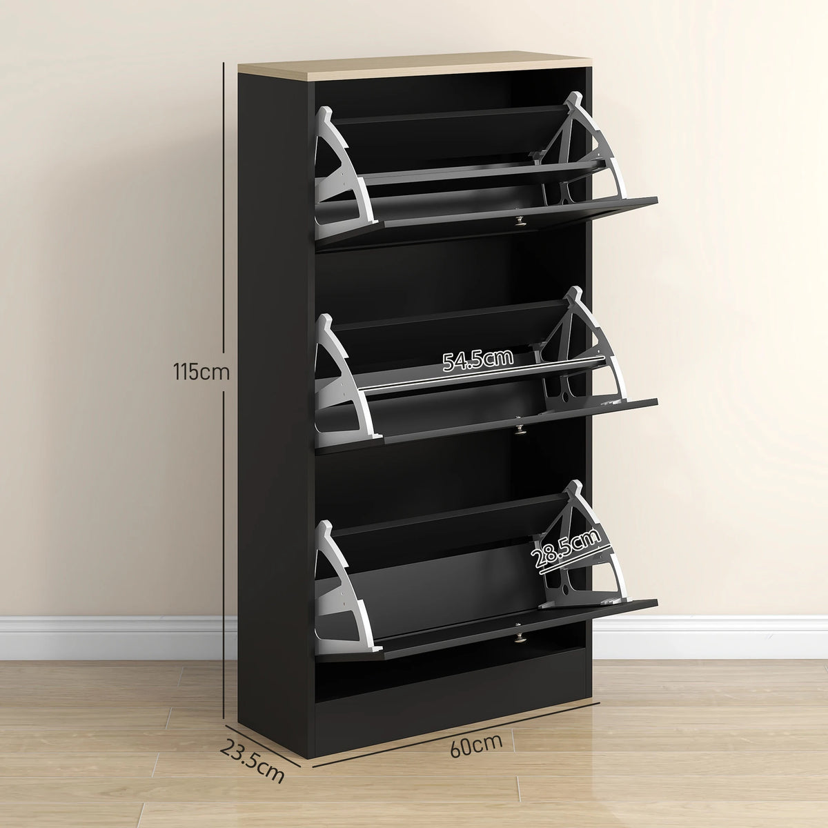 Narrow Shoe Cabinet with 3 Flip Drawers, Holds 18 Pairs, 60 x 23.5 x 115 cm, Black