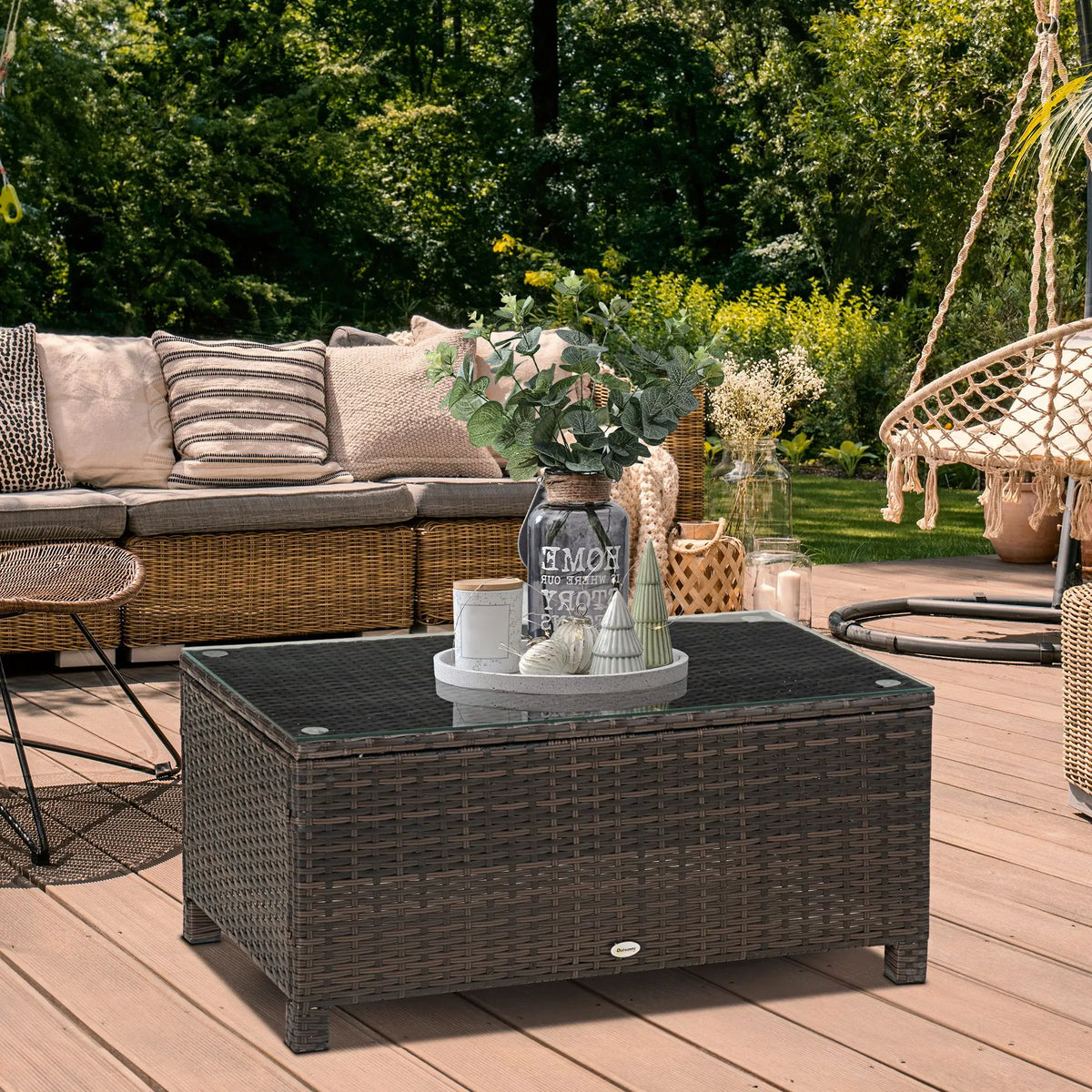 PE Rattan Garden Coffee Table Rectangular with Tempered Glass Top Metal Frame 39cm High Mixed Brown