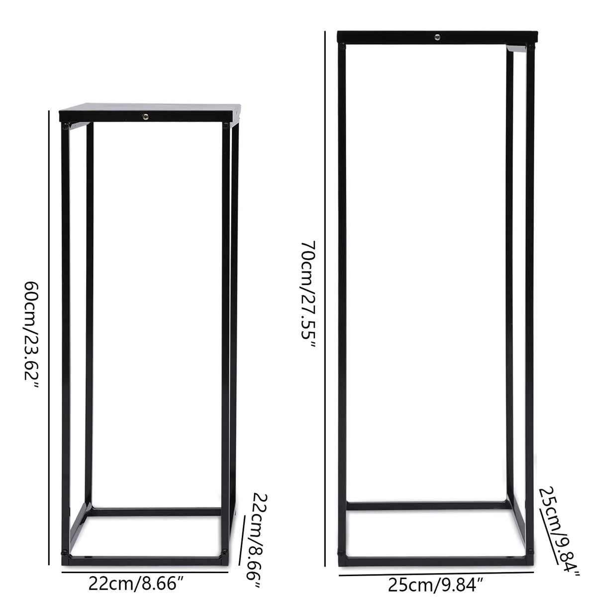 Set of 2 Black Metal Square Plant Stands 22x22x60cm and 25x25x70cm for Patio Garden Living Room Decor