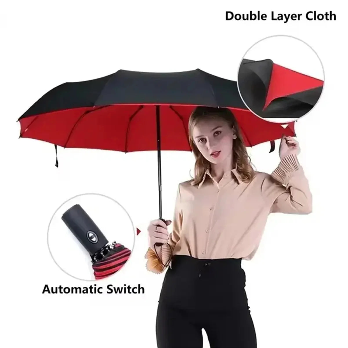 Double-Layer Windproof Automatic Umbrella, 10-Rib Large Folding Umbrella