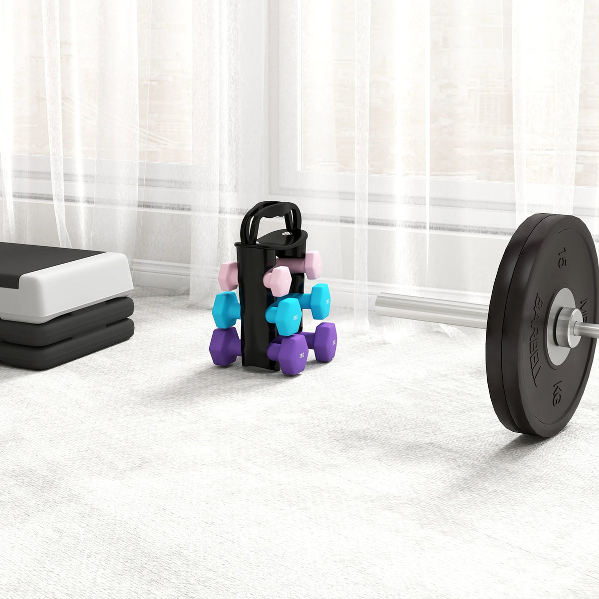 12kg Dumbbell Set with Storage Rack, 1kg, 2kg and 3kg Pairs, Pink, Blue and Purple