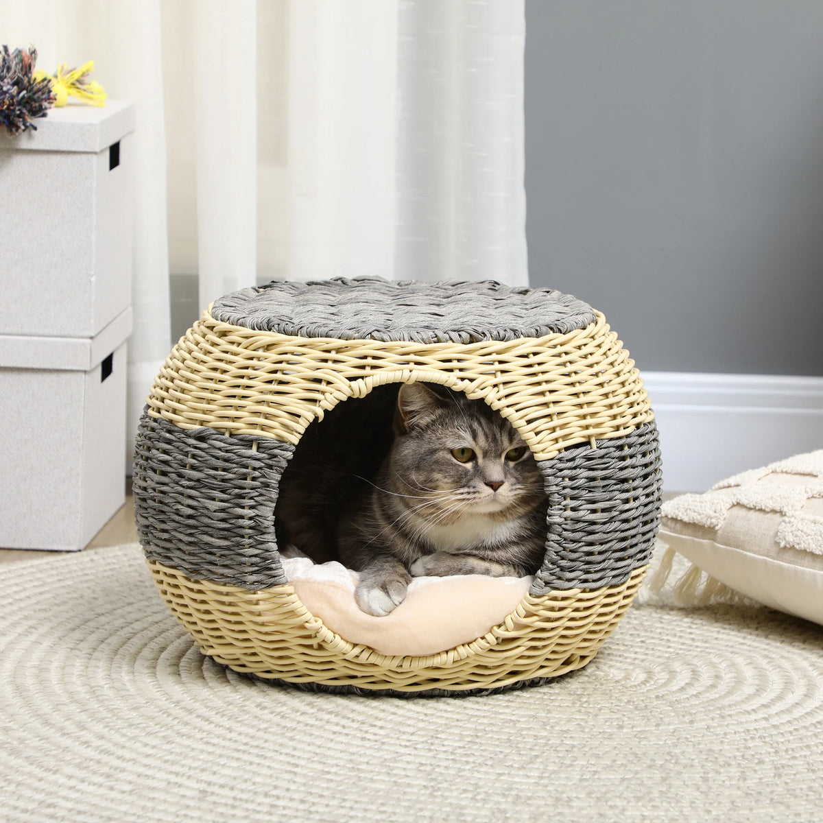 Wicker Cat House 40x30cm Raised 2 Layer Rattan Cat Bed with Washable Velvet Cushion Beige and Grey