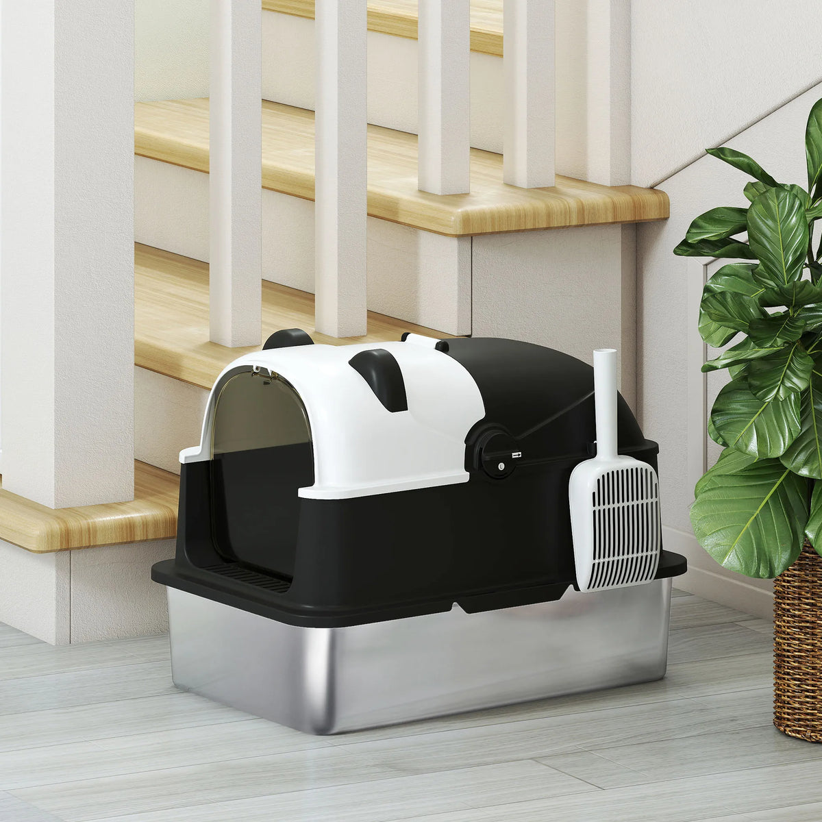 XL Cat Litter Box with Panda Design & Flip-Top Lid