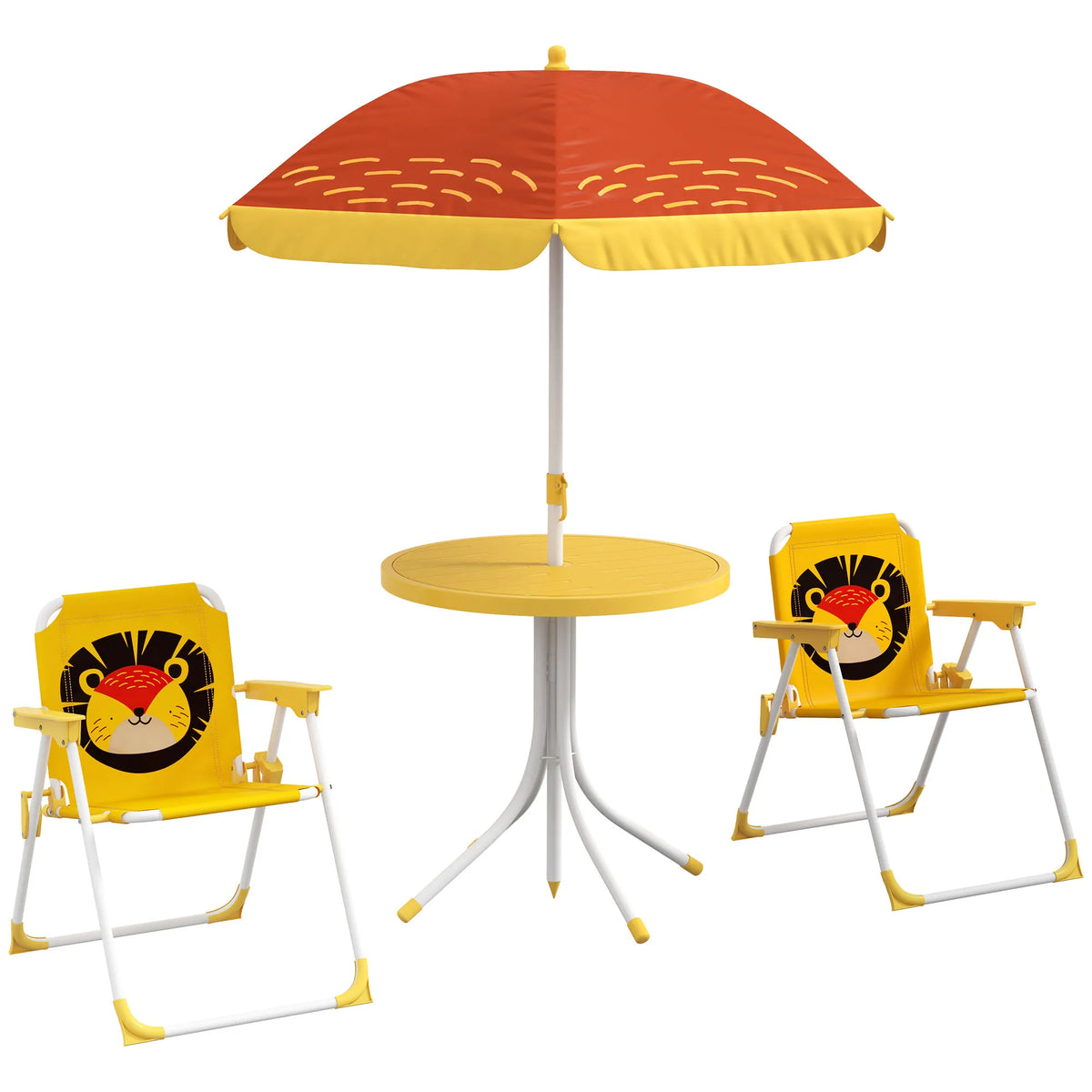 Kids Bistro Table and Chair Set Lion Theme with Adjustable Parasol 86-122cm Folding Chairs with Safety Locks