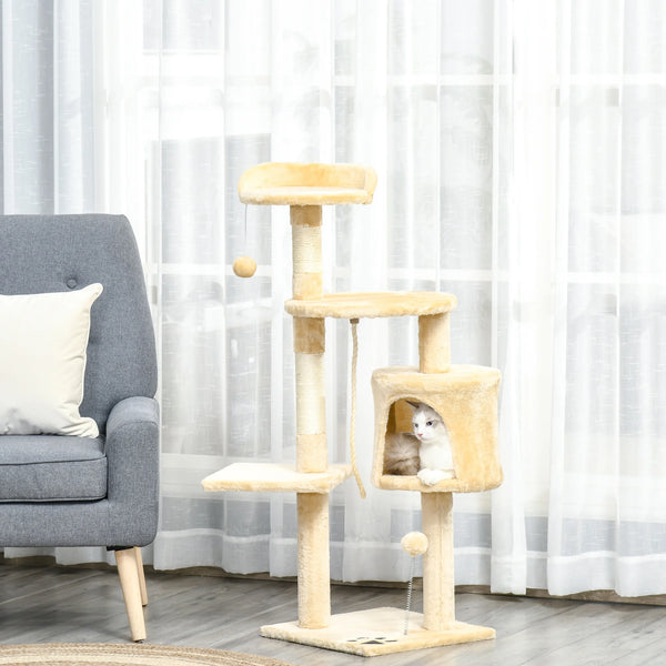 4-Tier Cat Tree with Condo, Sisal Scratching Posts and Perches, 114cm, Beige