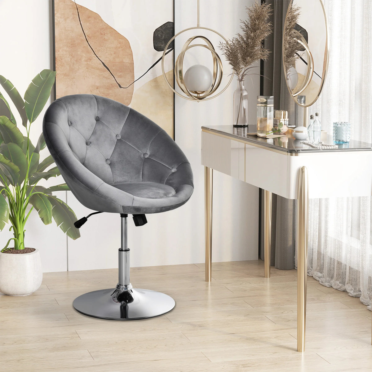 Swivel Tub Dining Chair with Adjustable Height and Button Tufting, Grey Velvet-Feel