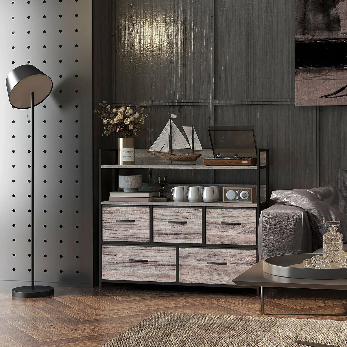 Bedroom Chest of Drawers, 5 Drawer Dresser w/ Shelves, Grey Wood Effect