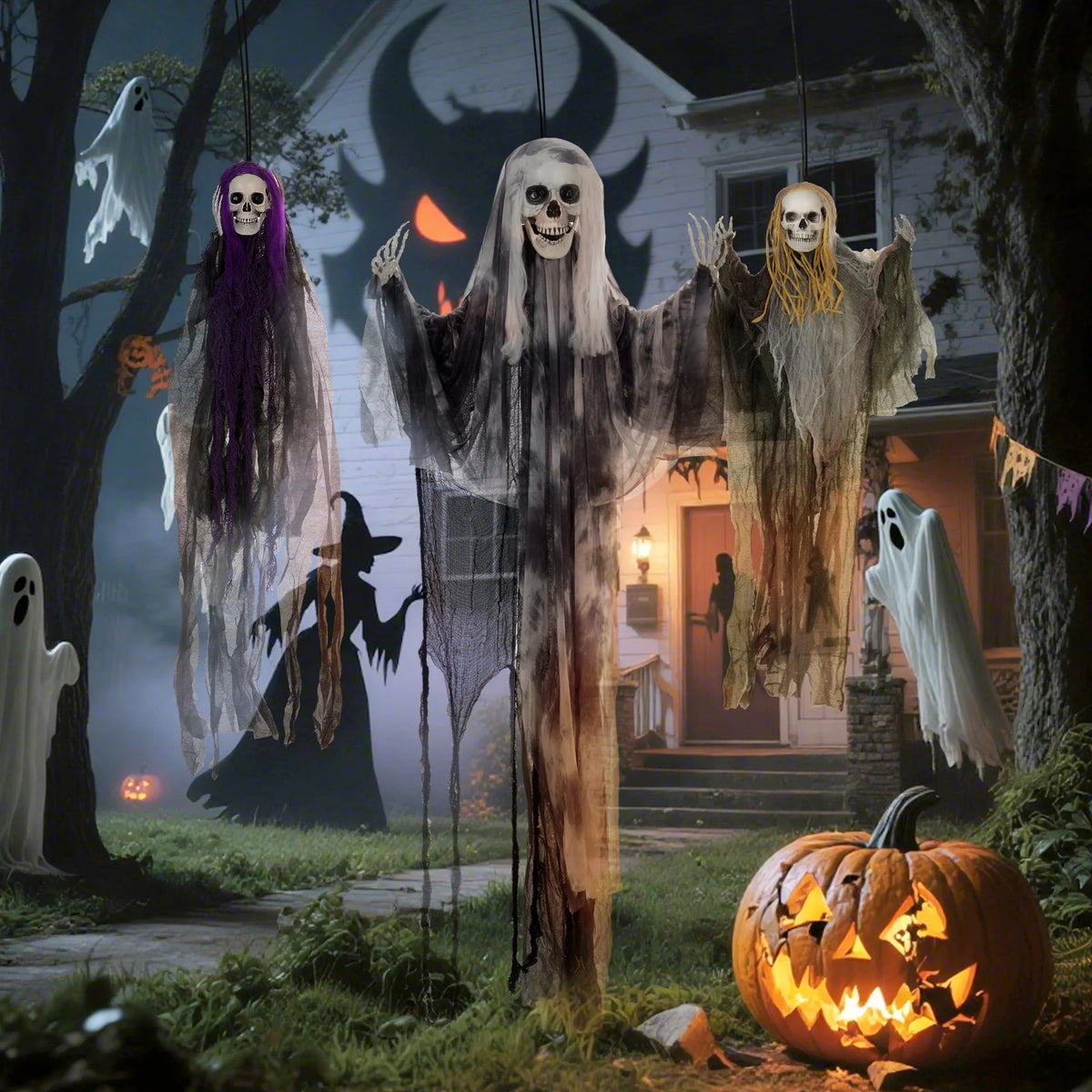 HOMCOM Set of 3 Hanging Skeletons & Flying Ghosts – Halloween Decorations