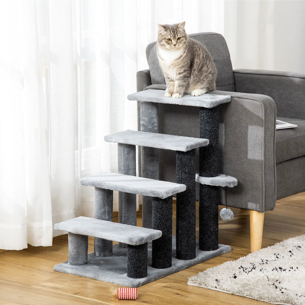 4-Step Cat Stairs with Scratching Posts, Platform and Hanging Ball, Light Grey