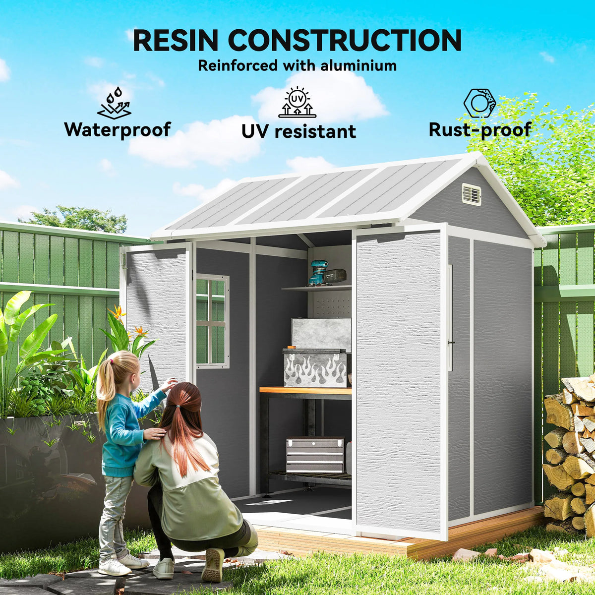 6x6ft Plastic Garden Shed with Floor, Window, Vents, Grey