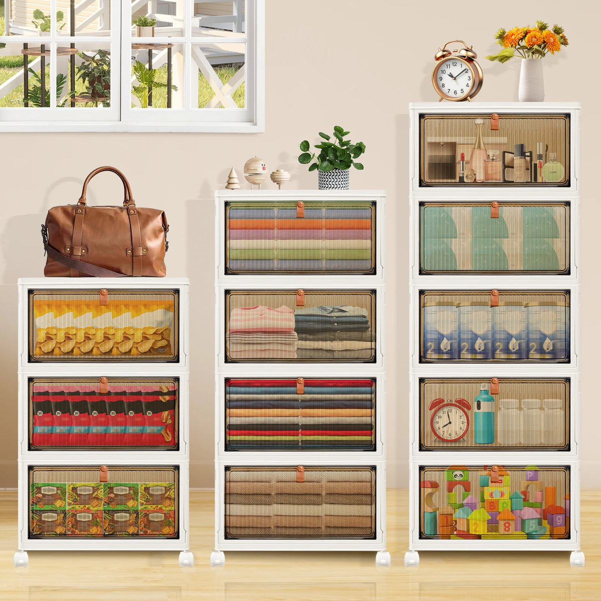 Stackable Storage Boxes with Lids 3 4 or 5 Tier 21L per Box Magnetic Front Door 4 Wheels 2 Locking PP